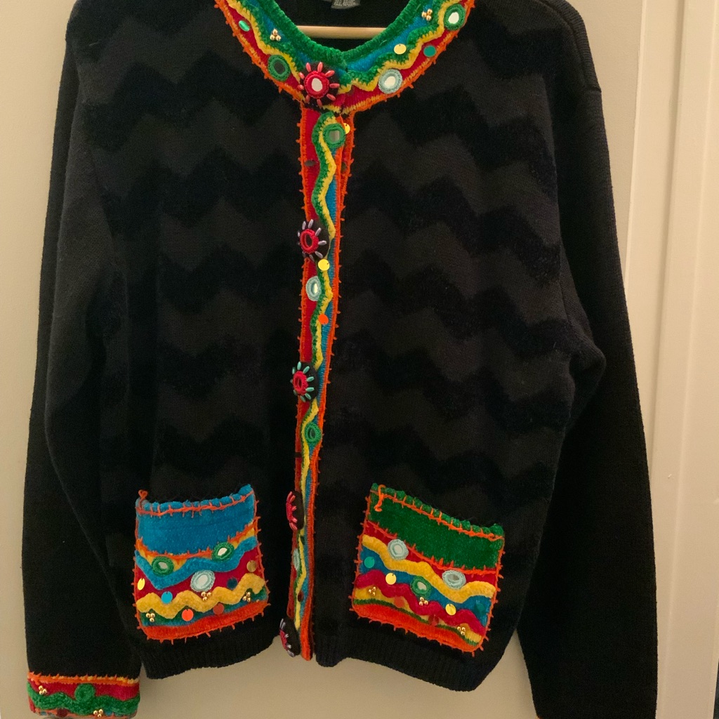 Vintage Berek 2 By Takako Sakon Black Chevron Heavy Knit Embellished Cardigan Xl